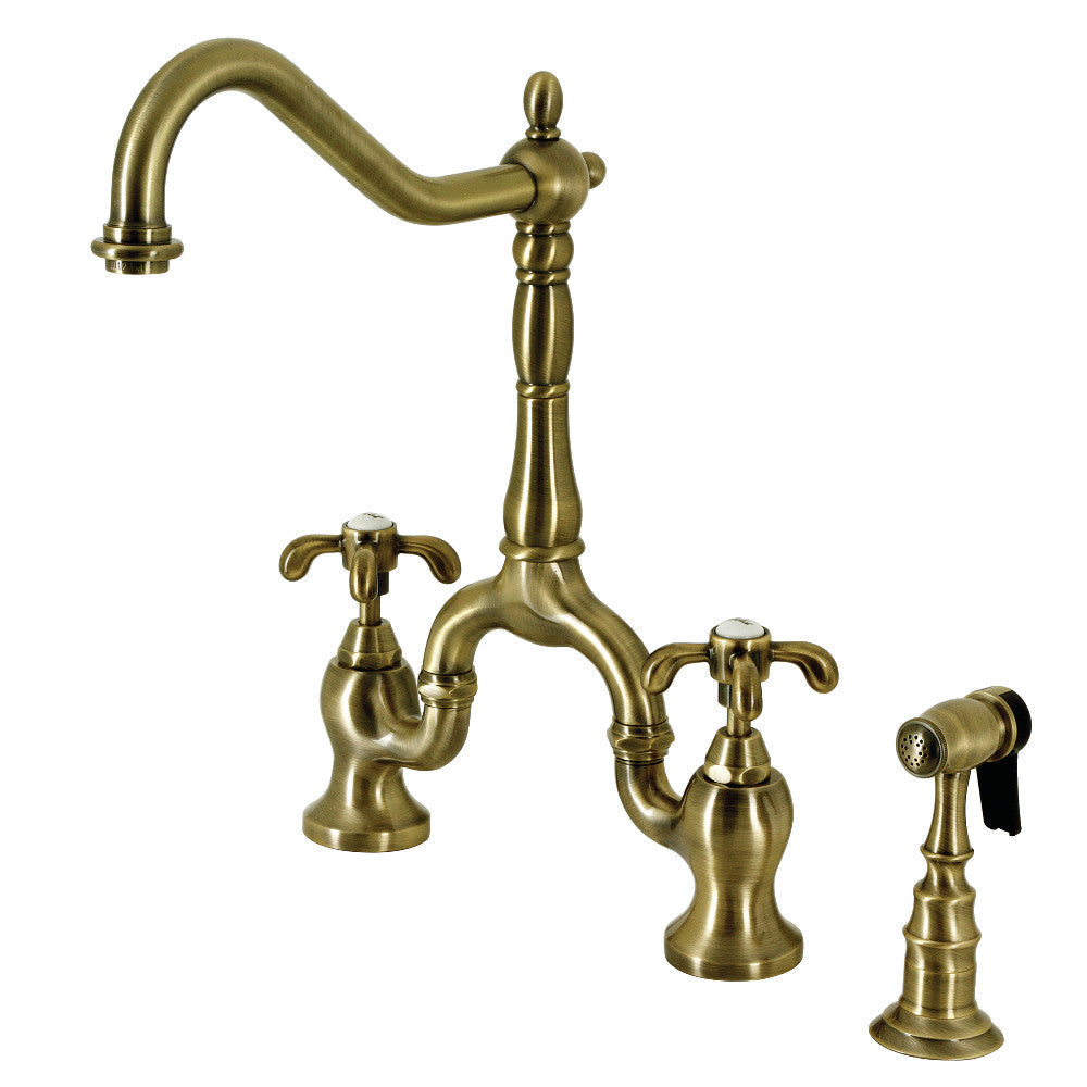 French Country Bridge Kitchen Faucet in Antique Brass