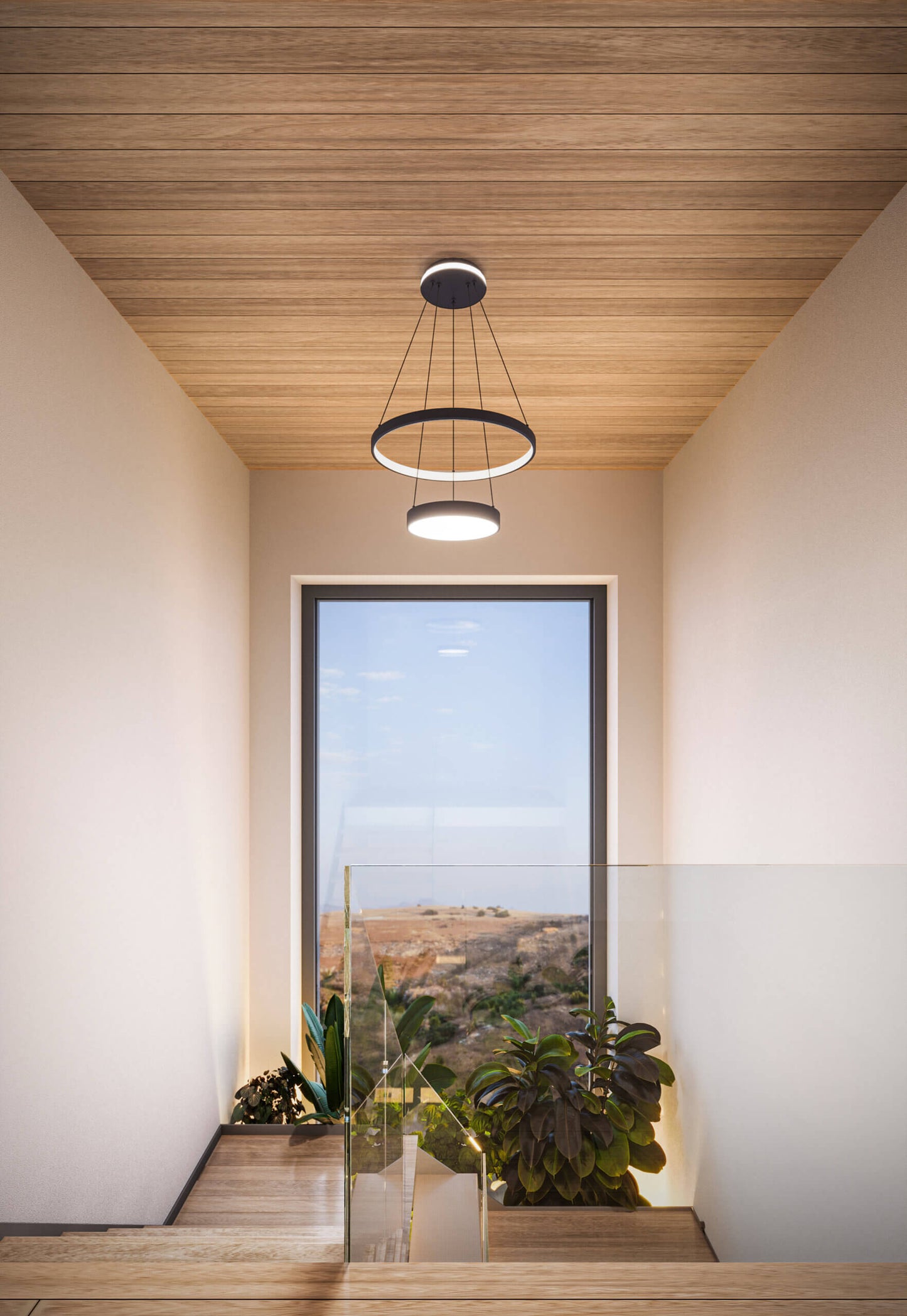 Two-tier 20-inch pendant, two-zone lighting with a lit canopy