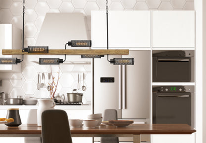 60W X 6 Lenox Pine Wood Island Chandelier With Metal Mesh Shades