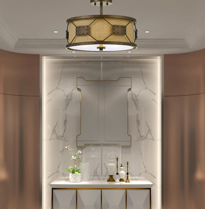 60W X 3 Ragusa Metal 2 In 1 Pendant/Semi Flush Mount Fixture With Burlap Shade