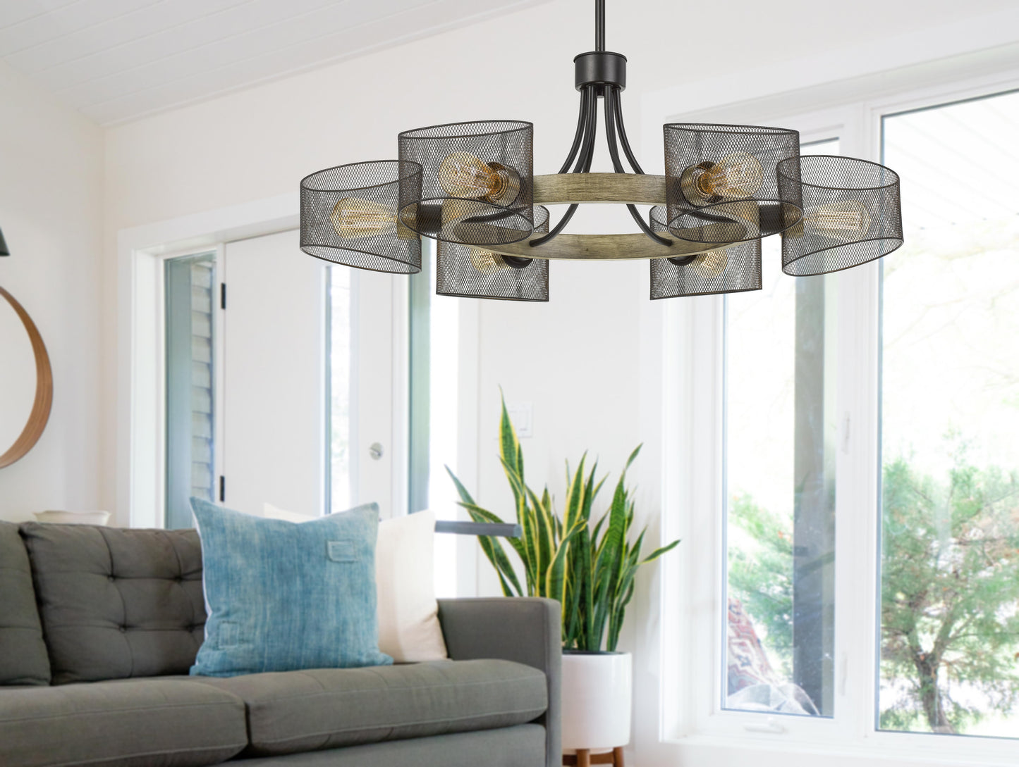 60W X 6 Dronten Metal/Wood Chandelier With Mesh Shades (Edison Bulbs Are Not Included)