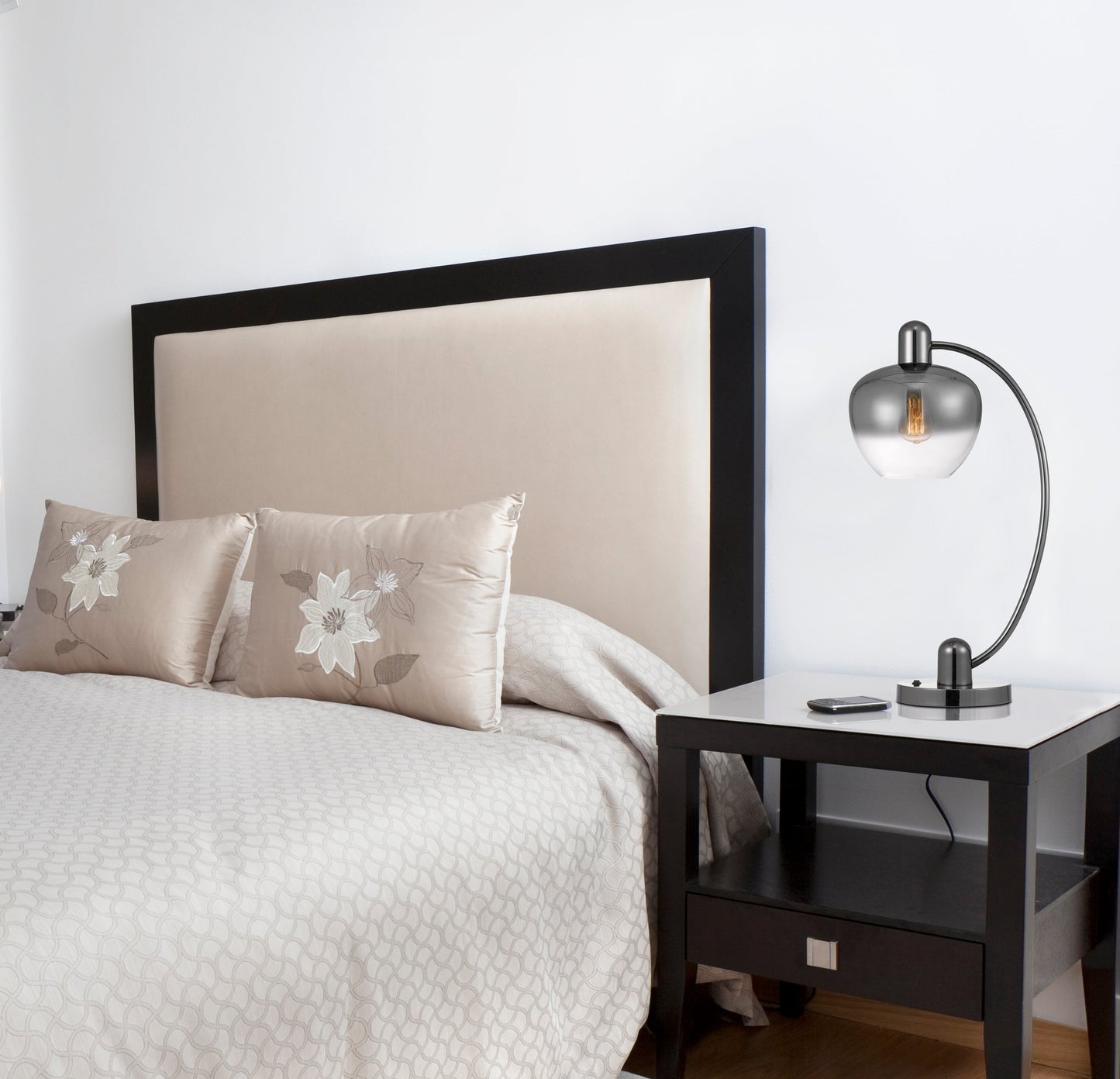 40W Brookline Metal Arc Table Lamp With Electoral Plated Smoked Glass Shade And On Off Rocker Switch