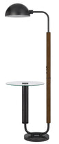100W Keyser metal floor lamp with faux wood pole and glass tray table and metal shade. Equipped with 1 USB and 1 USB-C charging ports Oak/Black