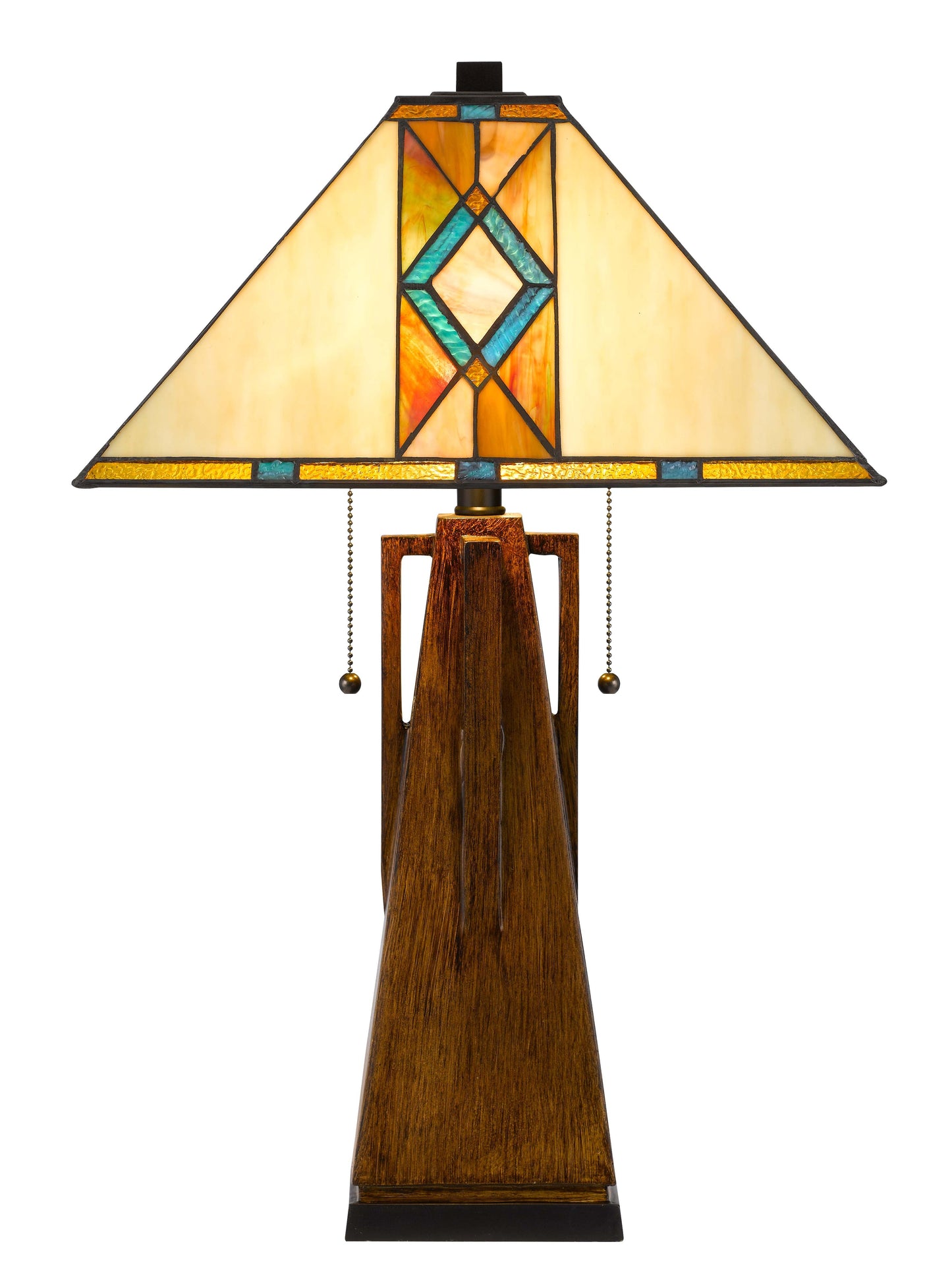 25" Height wood tone resin lamp with Square Tiffan