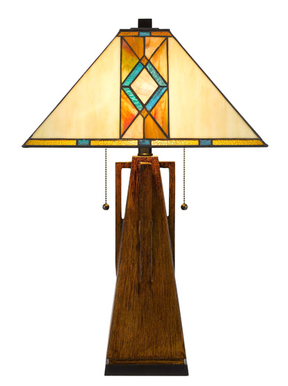 25" Height wood tone resin lamp with Square Tiffan