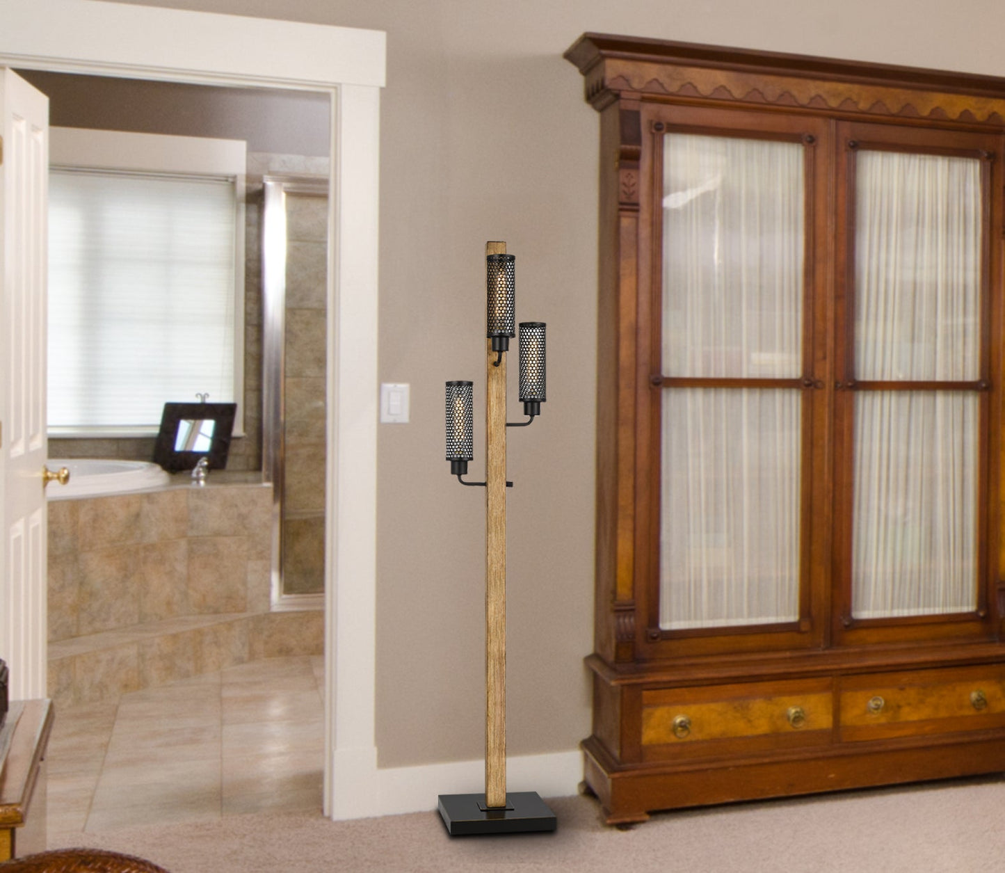 60W X 3 Lenox Lantern Style Rubber Wood / Metal Floor Lamp With Mesh Metal Shades