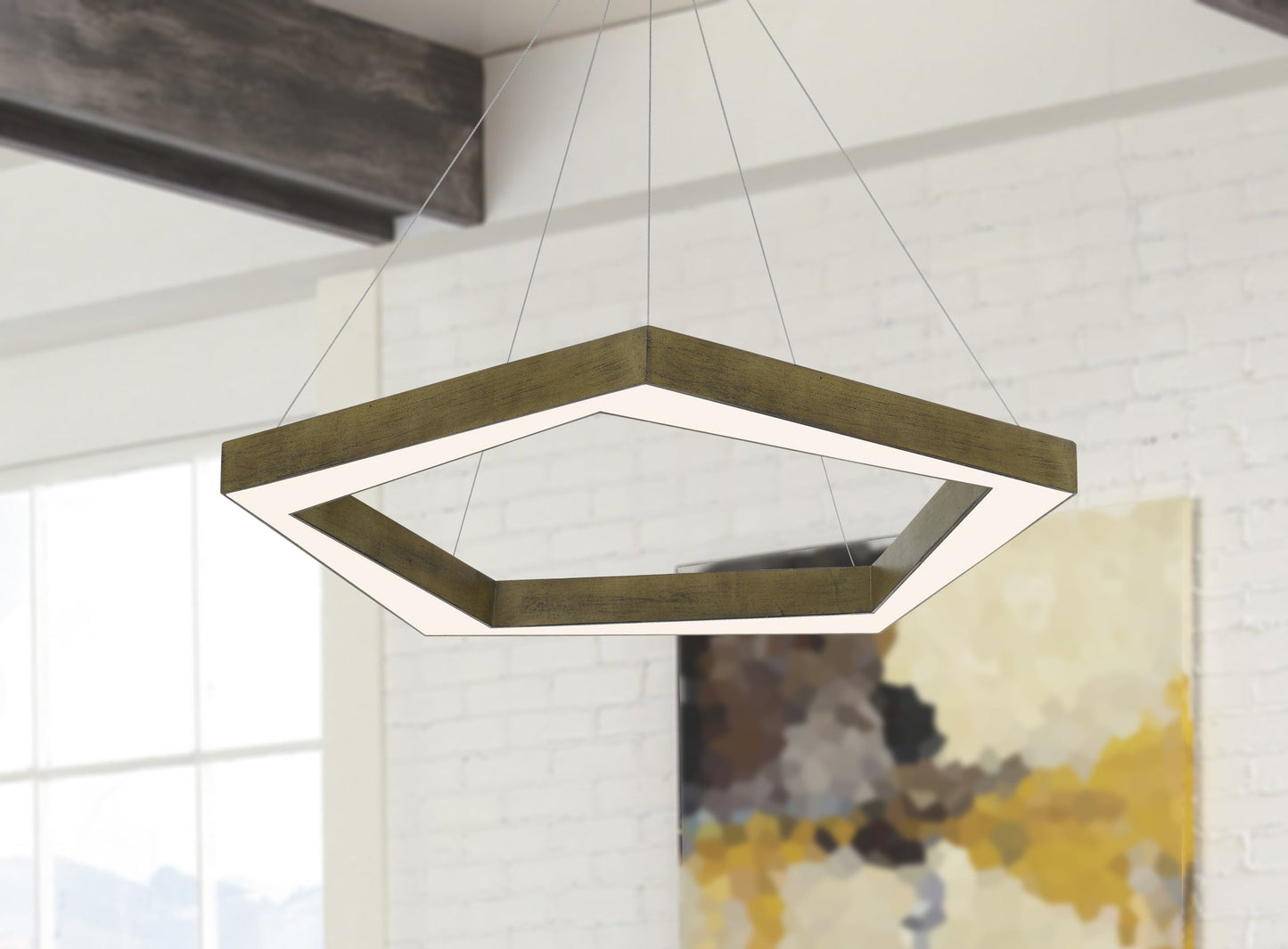 Metz Dimmable Integrated Led Polygon Pine Wood Pendant Fixture. 38W, 3000 Lumen, 3000K