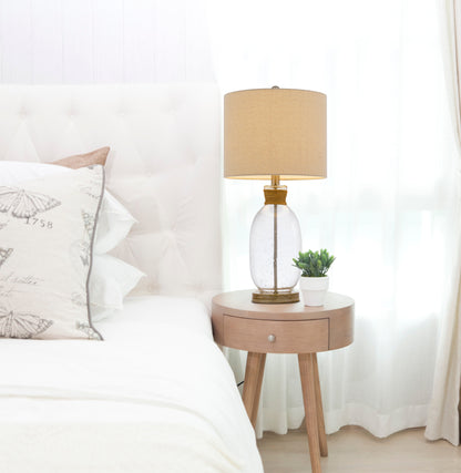 150W 3 Way Seymour Bubbled Glass Table Lamp With Resin Base And Hardback Drum Linen Shade