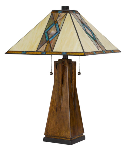 25" Height wood tone resin lamp with Square Tiffan