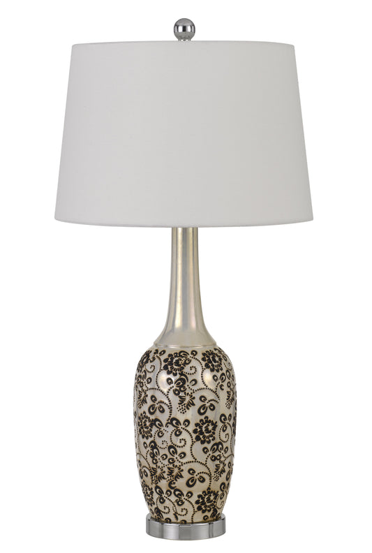 150W Paxton Ceramic Table Lamp With Leaf Design And Taper Drum Hardback Fabric Shade (Priced And Sold As Pairs)