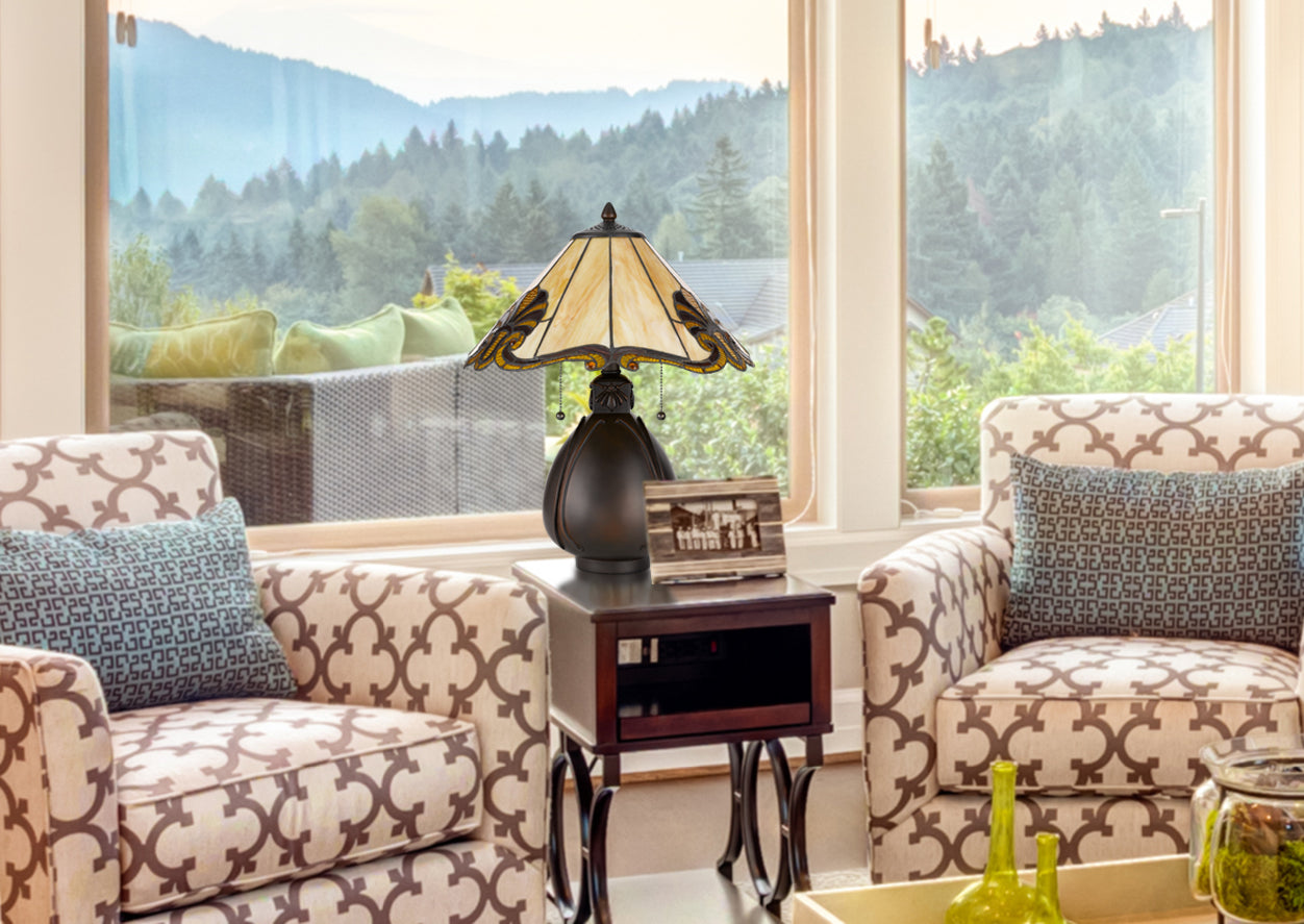 60W X 2 Tiffany Table Lamp With Pull Chain Switch With Resin Lamp Body