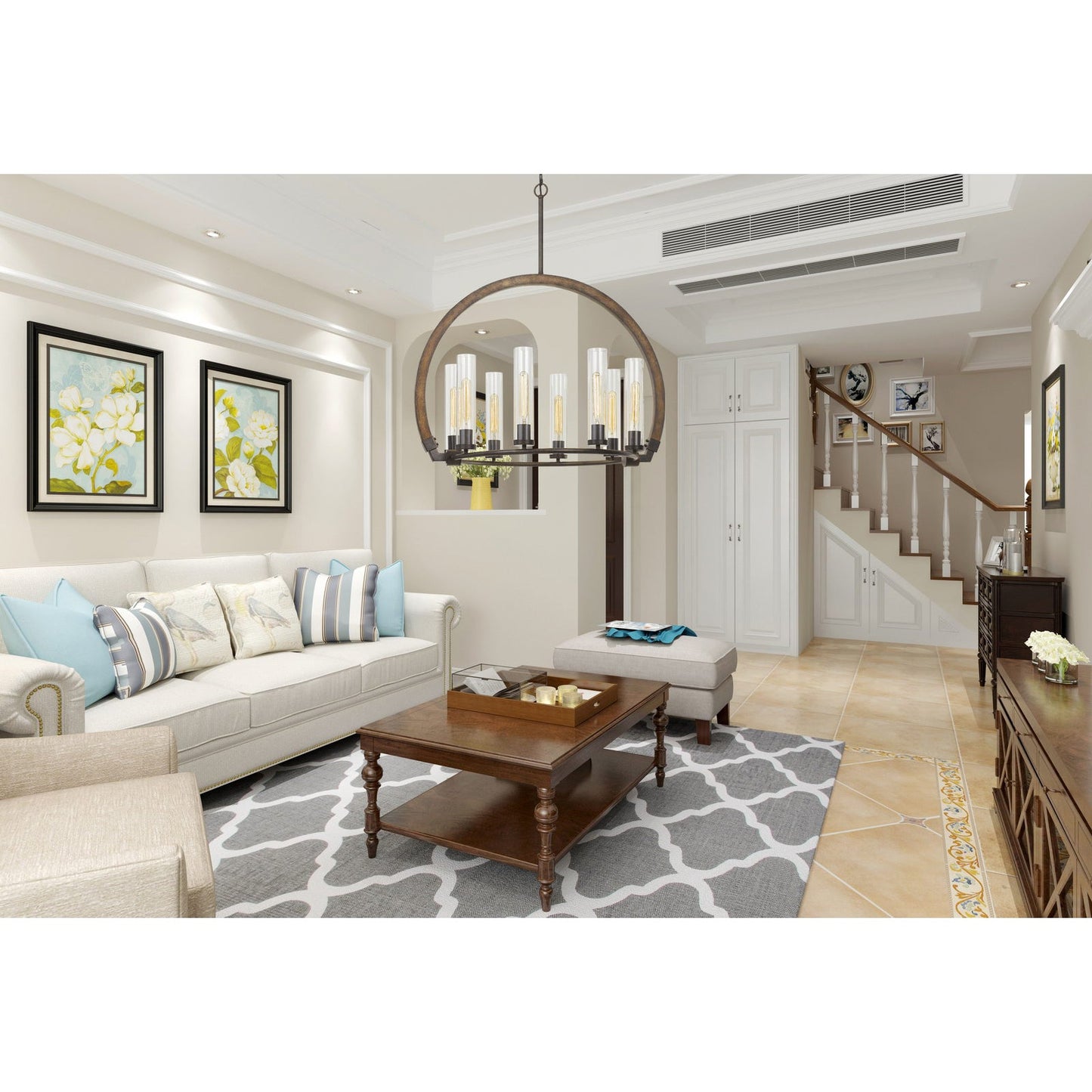 60W X 8 Sulmona Wood/Metal Chandelier With Glass Shade (Edison Bulbs Not Included)