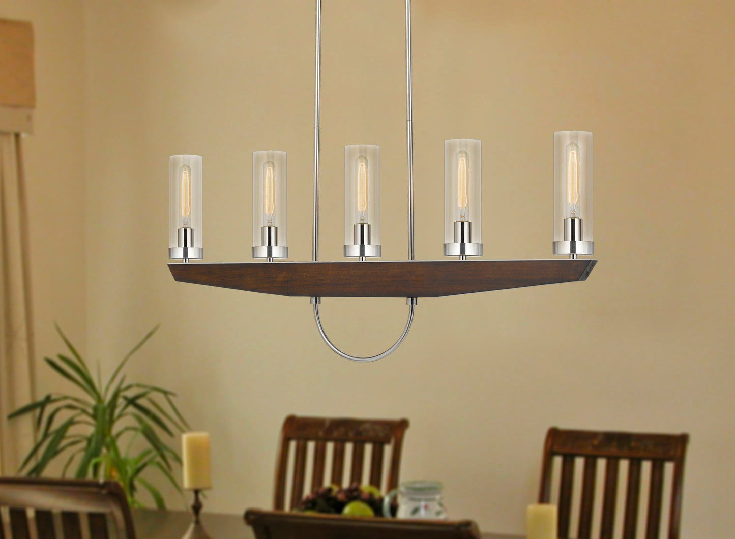 60W X 5 Ercolano Pine Wood/Metal Island Chandelier With Clear Glass Shade (Edison Bulbs Not Included)