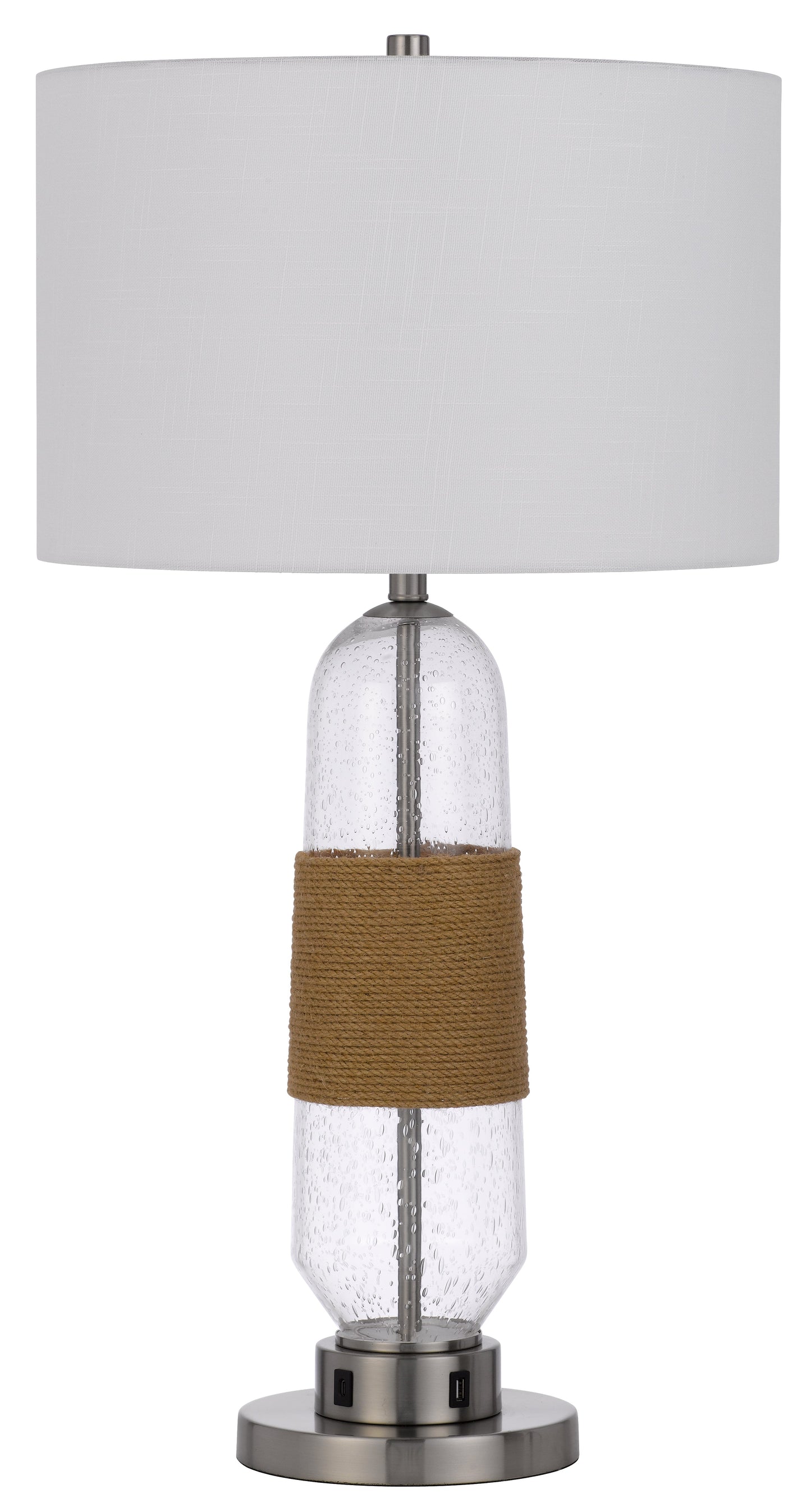 150W 3 way Everett bubbled glass table lamp with burlap design and drum fabric shade. Equipped with 1 USB and 1 USB-C charging ports
