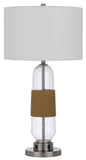 150W 3 way Everett bubbled glass table lamp with burlap design and drum fabric shade. Equipped with 1 USB and 1 USB-C charging ports
