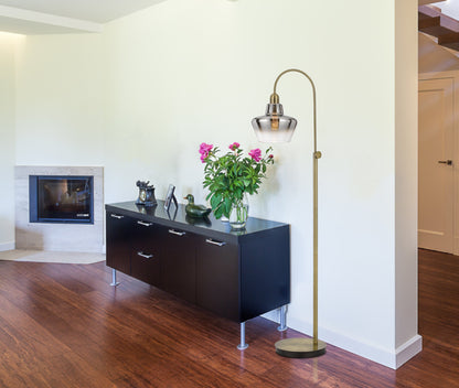 40W Duxbury Metal Arc Floor Lamp With Electoral Plated Smoked Glass Shade