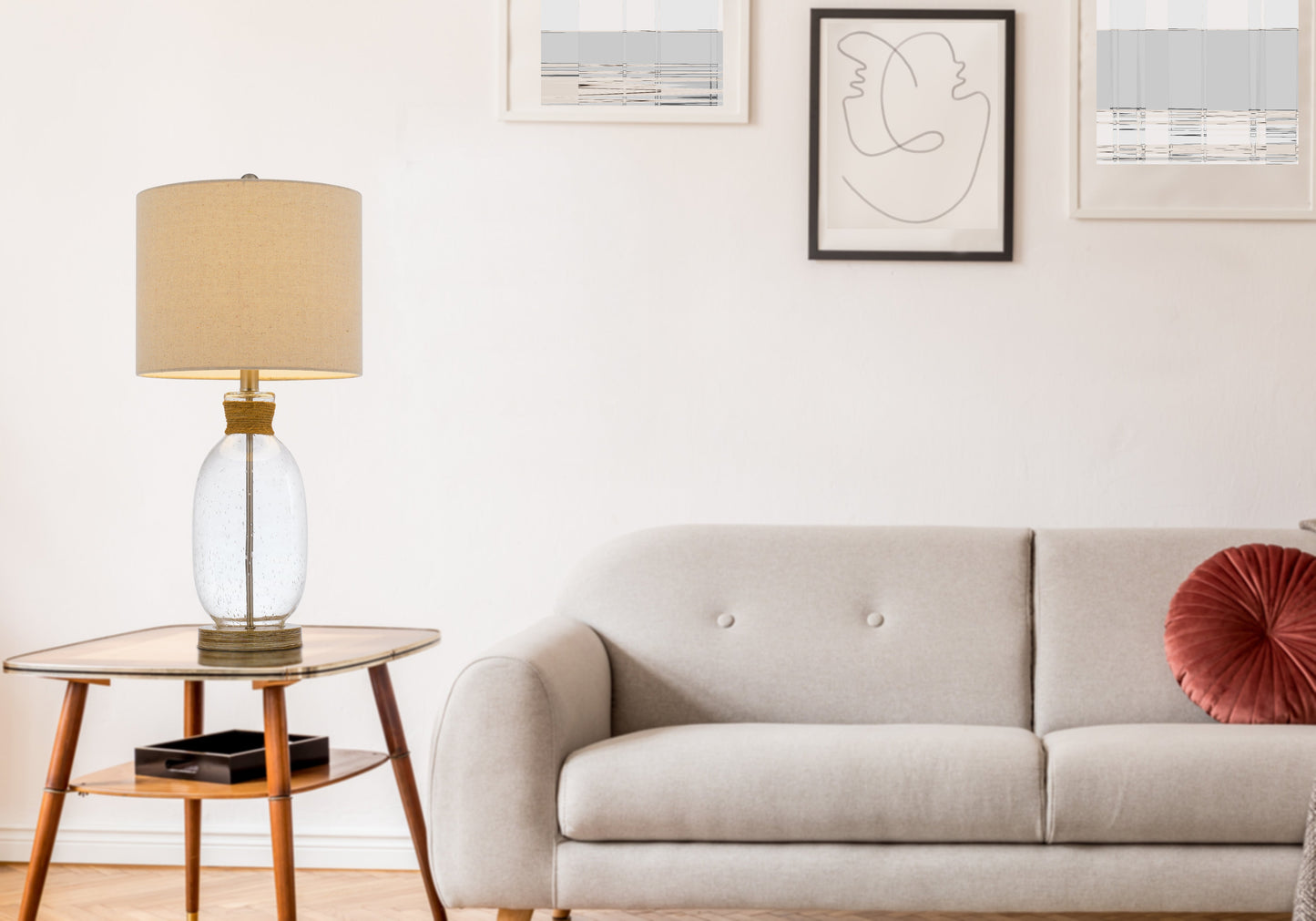 150W 3 Way Seymour Bubbled Glass Table Lamp With Resin Base And Hardback Drum Linen Shade