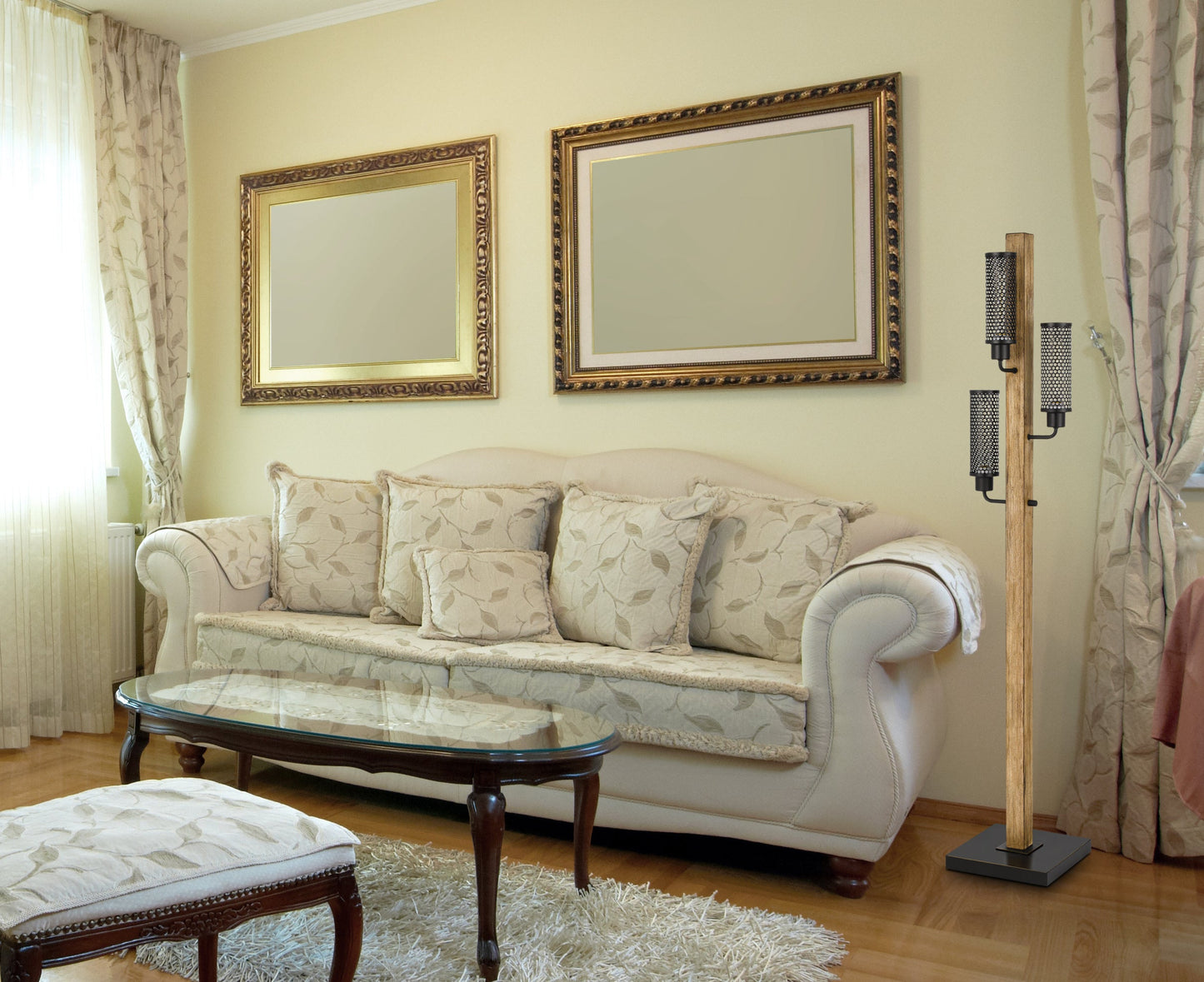 60W X 3 Lenox Lantern Style Rubber Wood / Metal Floor Lamp With Mesh Metal Shades