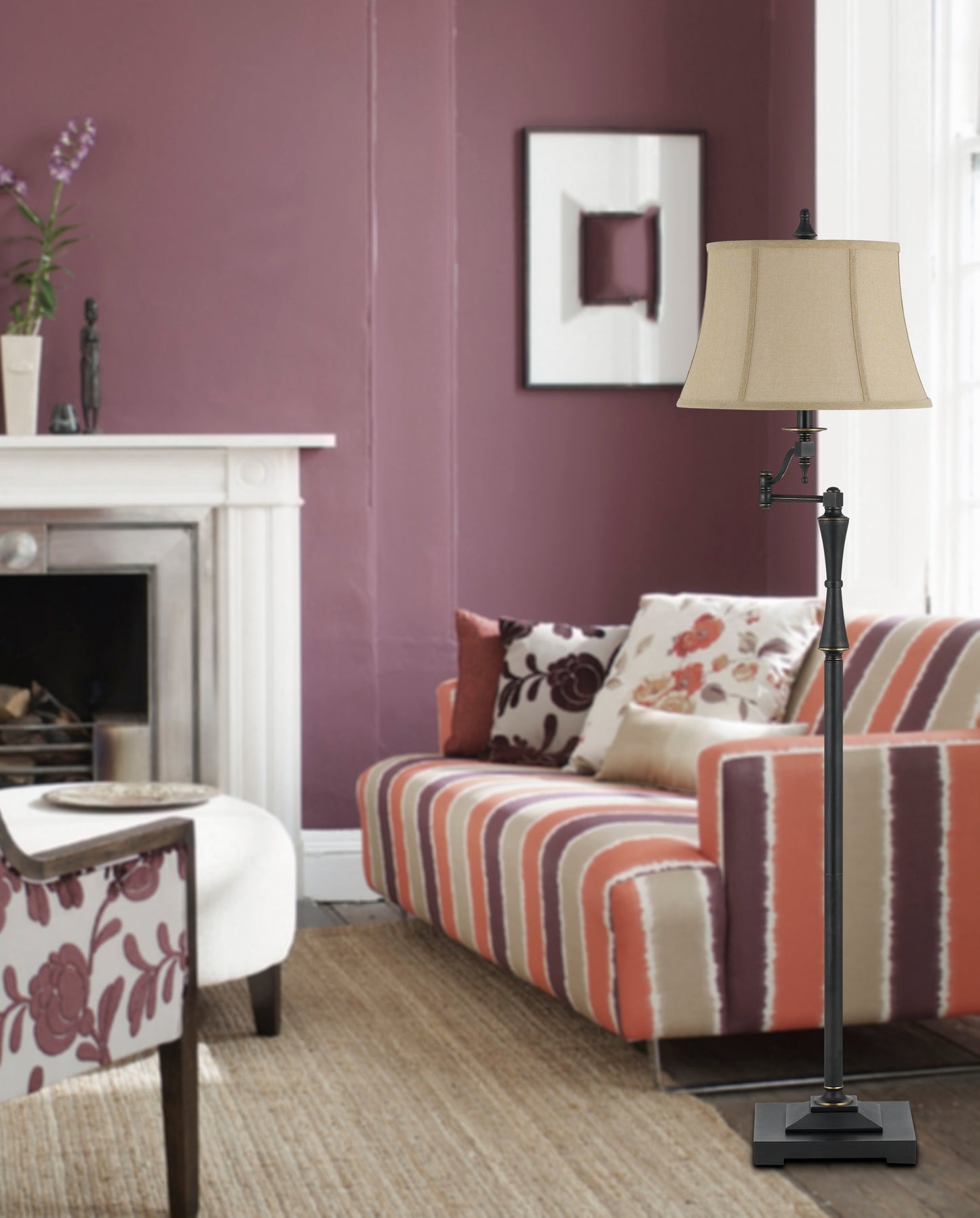 150W 3 Way Madison Swing Arm Metal Floor Lamp With Burlap Shade