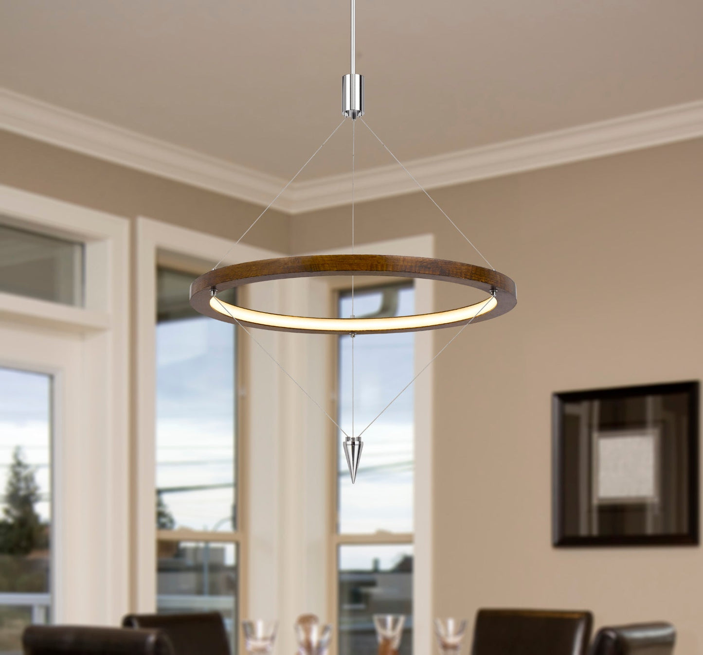 Viterbo Integrated Dimmable Led Pine Wood Pendant Fixture With Suspended Steel Braided Wire. 24W, 1920 Lumen, 3000K