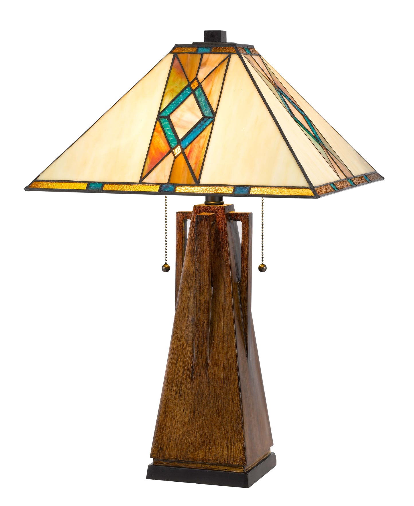 25" Height wood tone resin lamp with Square Tiffan