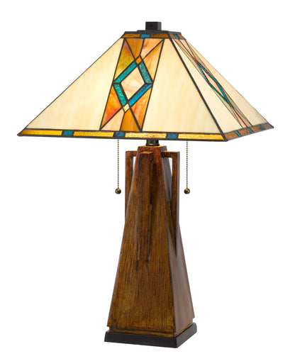 25" Height wood tone resin lamp with Square Tiffan