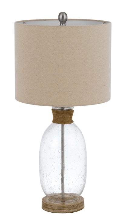 150W 3 Way Seymour Bubbled Glass Table Lamp With Resin Base And Hardback Drum Linen Shade