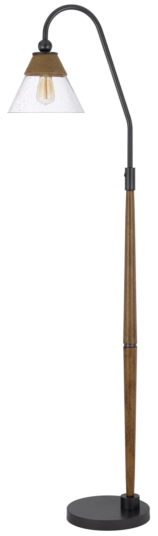 60W Hinton downbridge metal floor lamp with faux wood pole and glass shade