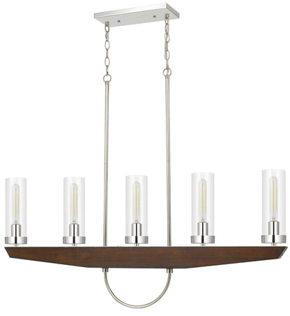 60W X 5 Ercolano Pine Wood/Metal Island Chandelier With Clear Glass Shade (Edison Bulbs Not Included)