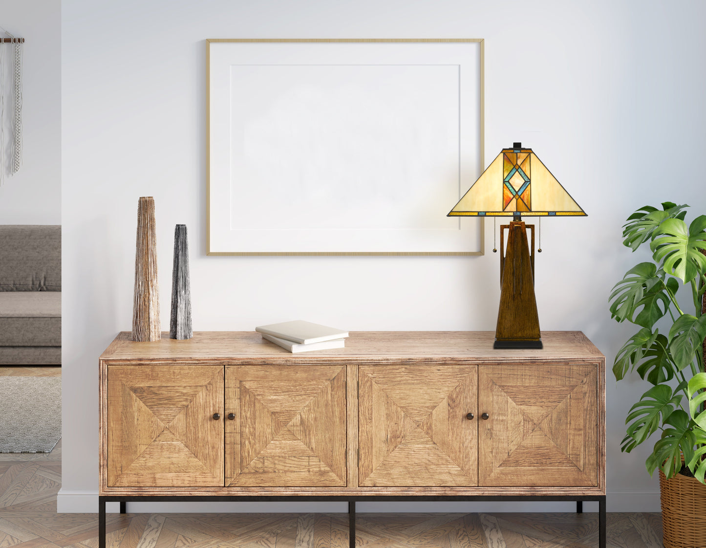 25" Height wood tone resin lamp with Square Tiffan