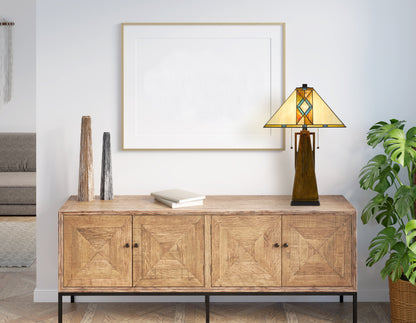 25" Height wood tone resin lamp with Square Tiffan