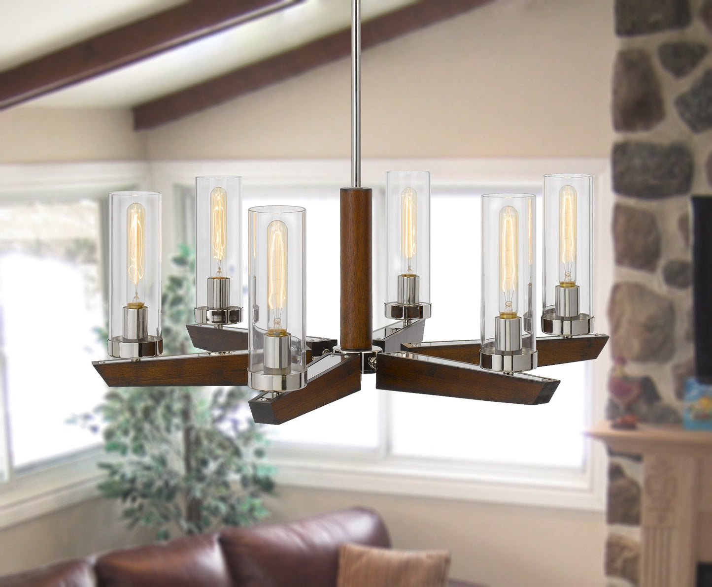 60W X 6 Ercolano Pine Wood/Metal Chandelier With Clear Glass Shade (Edison Bulbs Not Included)