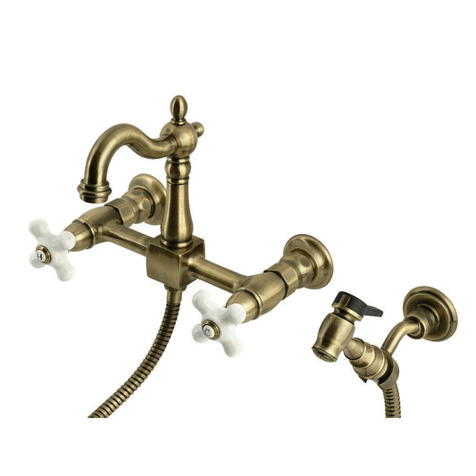 Heritage Wall Mount Kitchen Faucet in Antique Brass