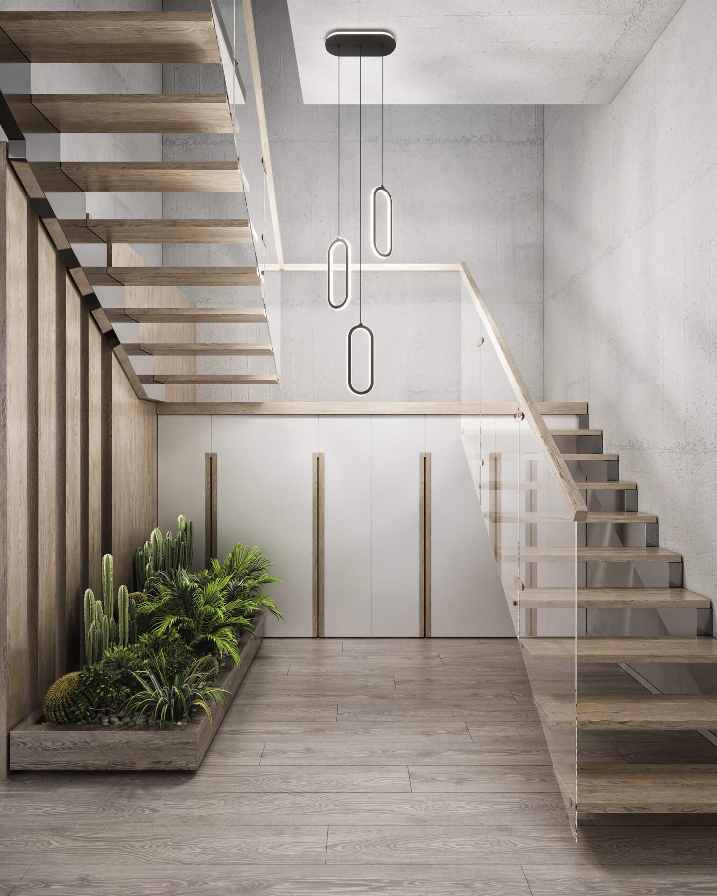 3 vertical oblong pendants with lit cluster 5CCT