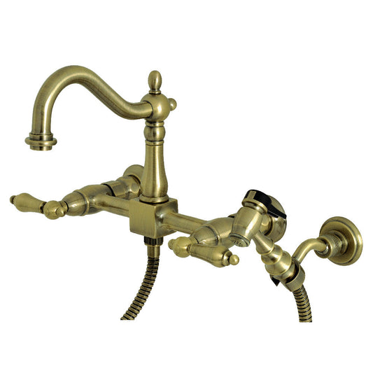 Heritage Wall Mount Kitchen Faucet in Antique Brass
