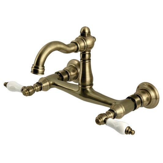 Vintage Wall Mount Kitchen Faucet in Antique Brass