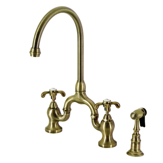 French Country Bridge Kitchen Faucet in Antique Brass