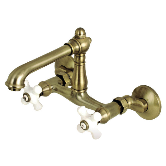 English Country Wall Mount Kitchen Faucet in Antique Brass
