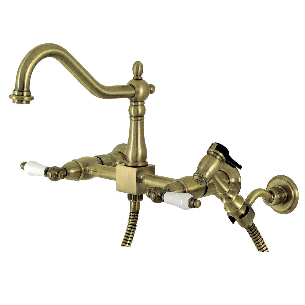 Heritage Wall Mount Kitchen Faucet in Antique Brass