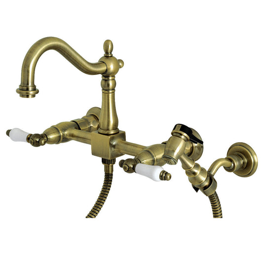 Heritage Wall Mount Kitchen Faucet in Antique Brass