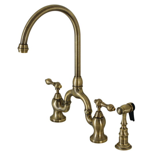 English Country Bridge Kitchen Faucet in Antique Brass