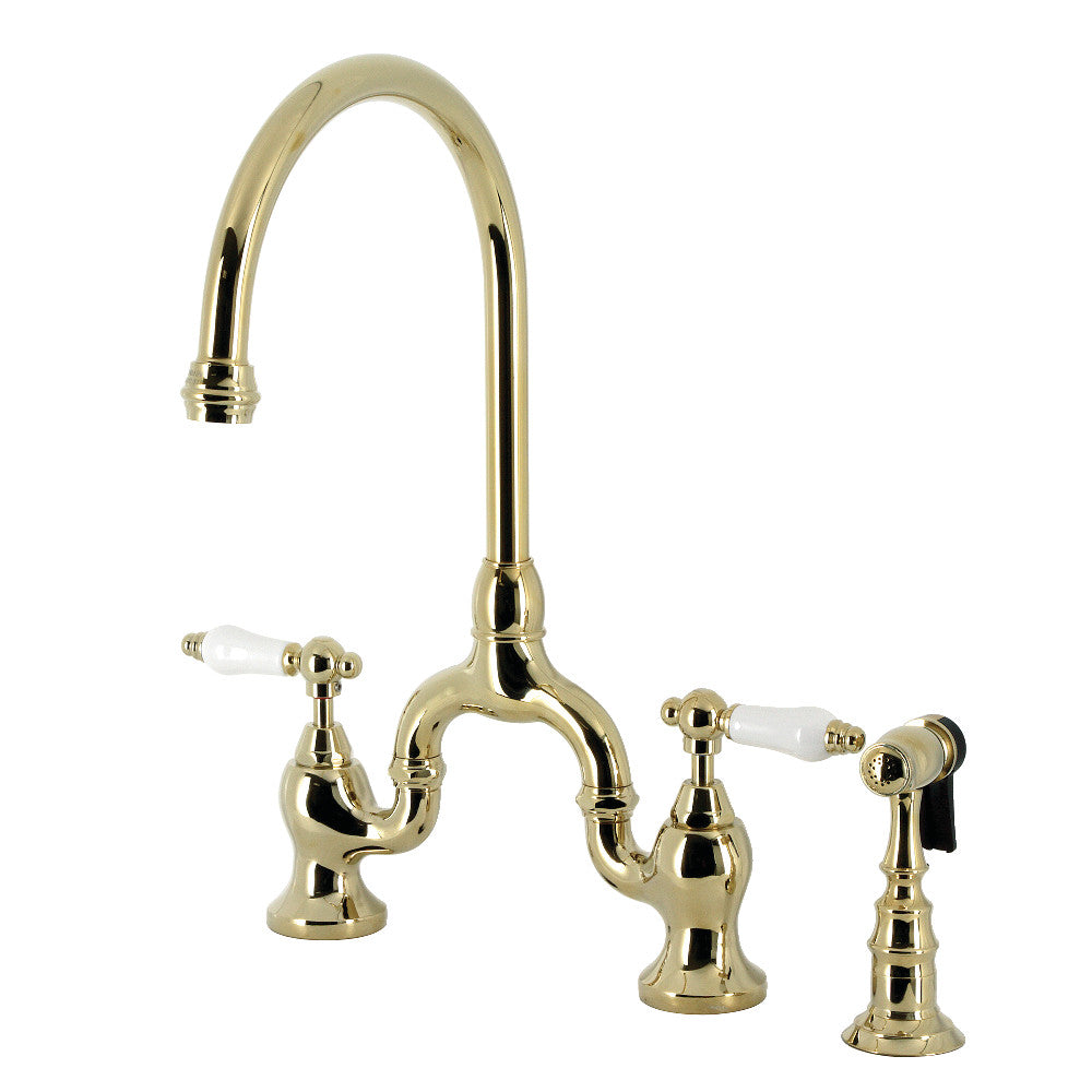 English Country Bridge Kitchen Faucet in Polished Brass