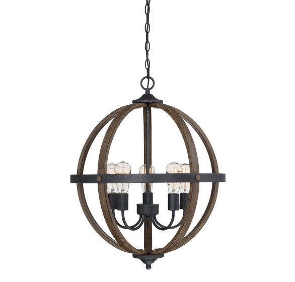5-Light Chandelier in Wood with Black