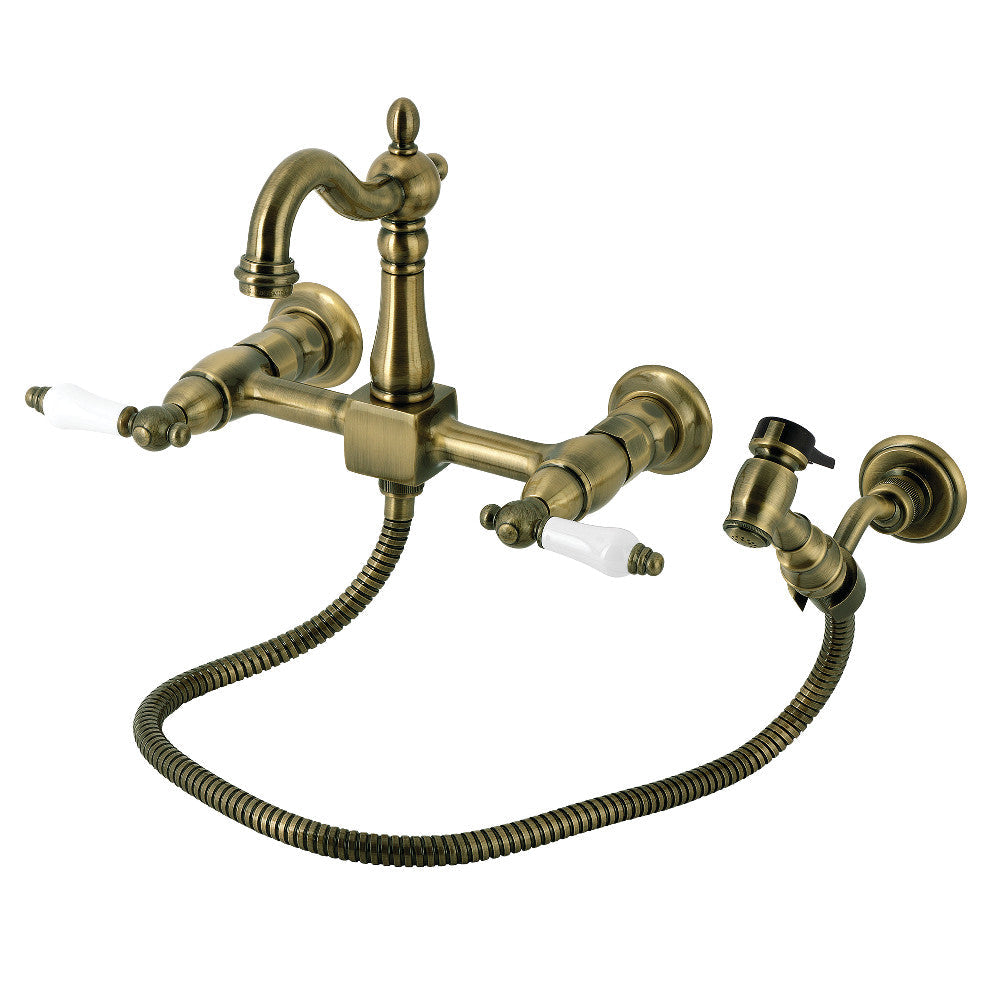 Heritage Wall Mount Kitchen Faucet in Antique Brass