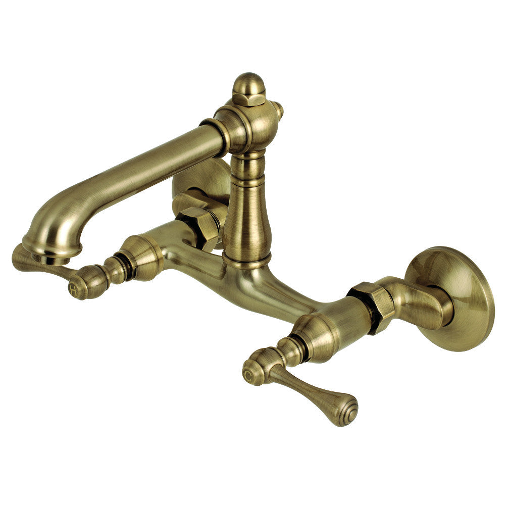 English Country Wall Mount Kitchen Faucet in Antique Brass