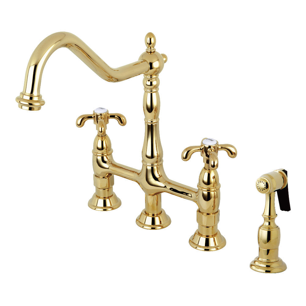 French Country Bridge Kitchen Faucet in Polished Brass