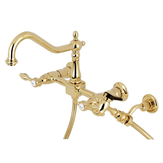 Tudor Wall Mount Kitchen Faucet in Polished Brass