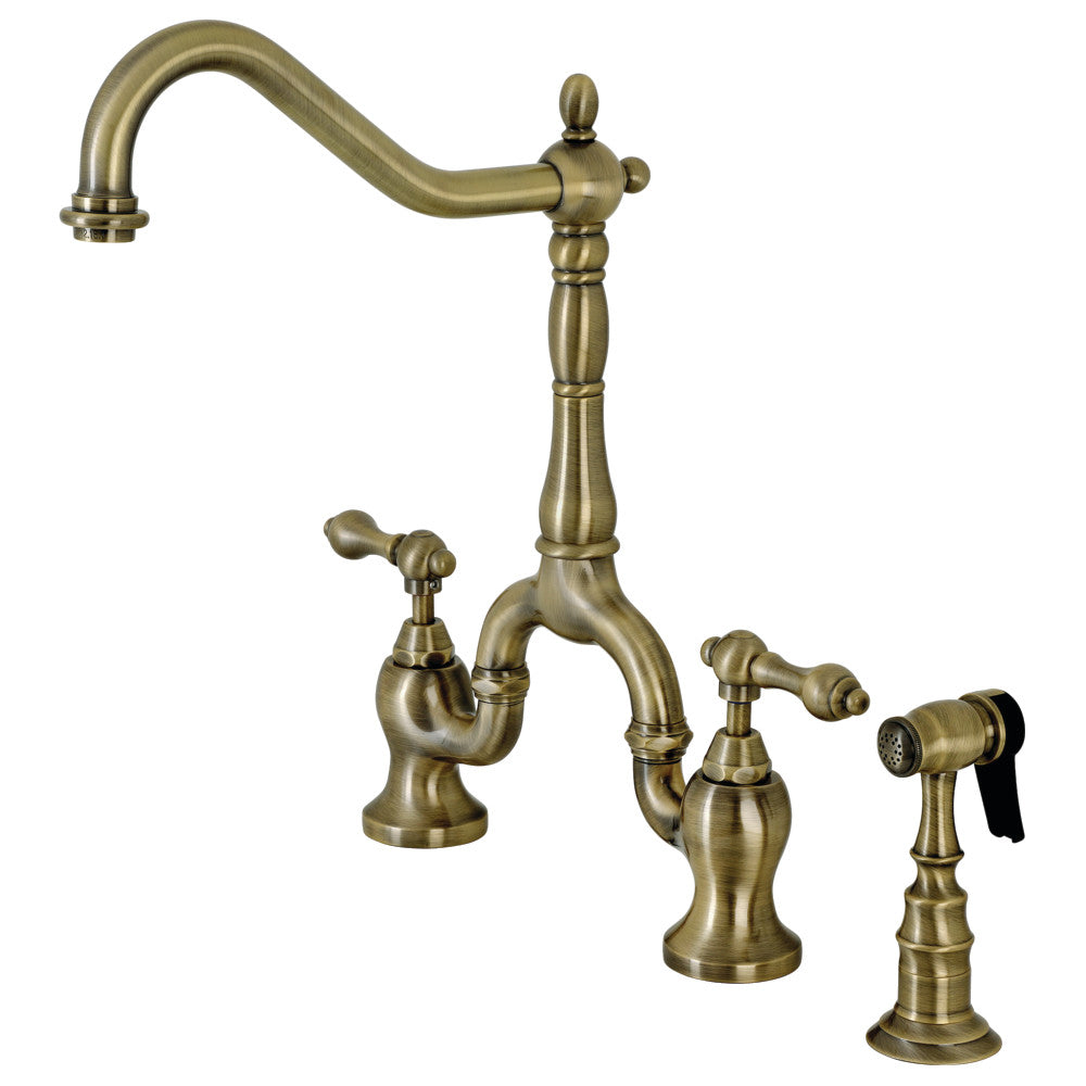 English Country Bridge Kitchen Faucet in Antique Brass