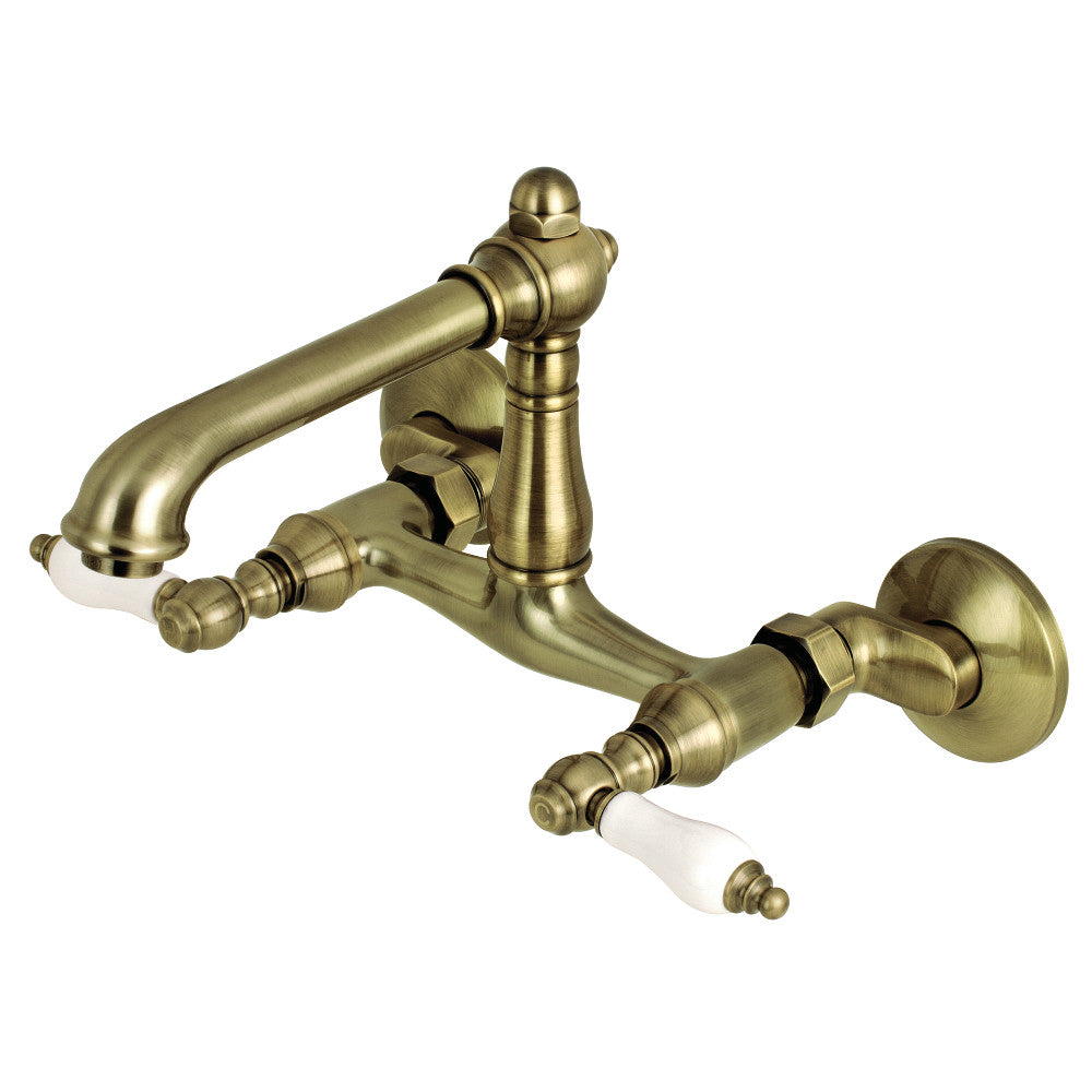 English Country Wall Mount Kitchen Faucet in Antique Brass