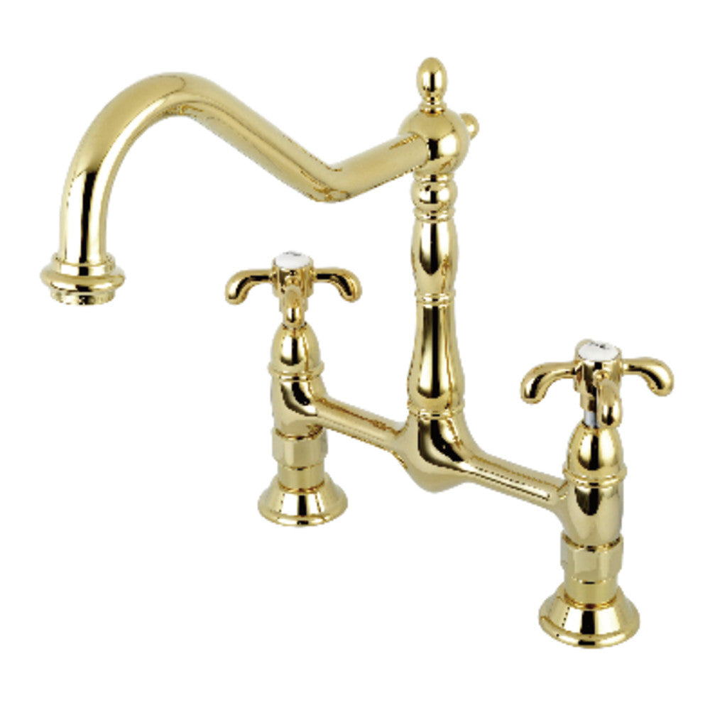 French Country Bridge Kitchen Faucet in Polished Brass